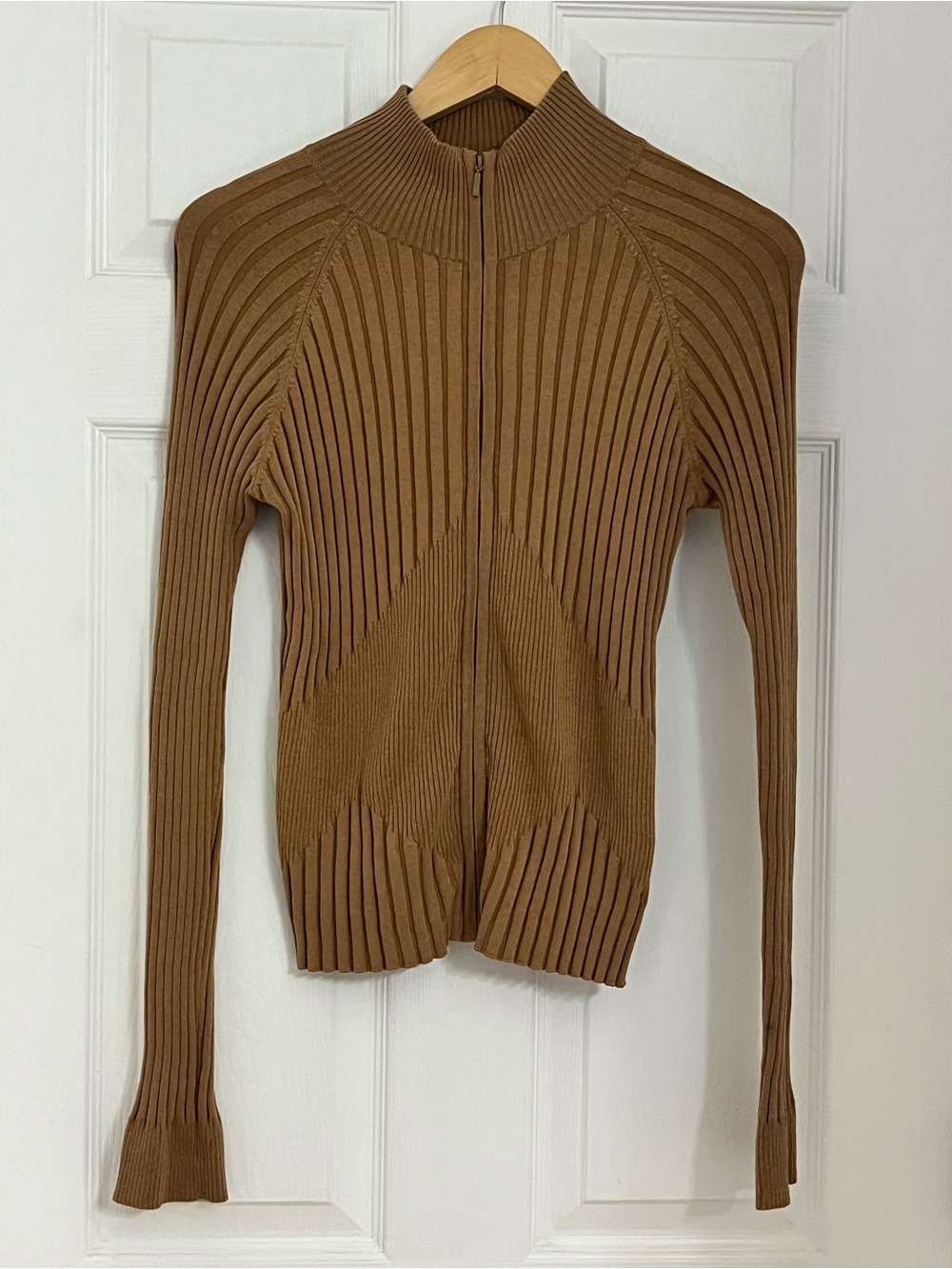 CAbi Silk Blend Ribbed Zip up Sweater-Beige-L